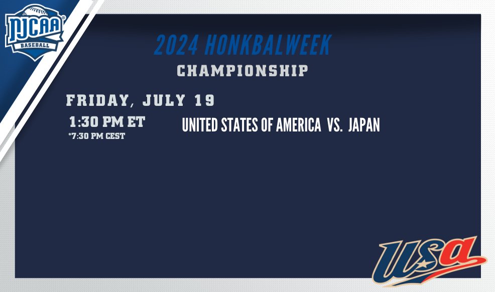 NJCAA Baseball (@njcaabaseball) on Twitter photo Going for 𝐆𝐎𝐋𝐃! 🥇
Team USA and #NJCAABaseball take on Japan at 1:30 PM ET to play for the 2024 <a href="/honkbalweek/">Honkbalweek Haarlem</a> Championship title! 🇺🇸
📊stats.knbsbstats.nl/en/events/2024…
📺app.honkbalsoftbal.tv/nl/category/ho… Going for 𝐆𝐎𝐋𝐃! 🥇
Team USA and #NJCAABaseball take on Japan at 1:30 PM ET to play for the 2024 <a href="/honkbalweek/">Honkbalweek Haarlem</a> Championship title! 🇺🇸
📊stats.knbsbstats.nl/en/events/2024…
📺app.honkbalsoftbal.tv/nl/category/ho…