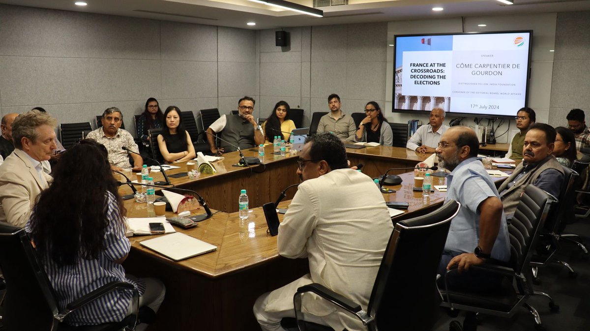 indfoundation's tweet photo. India Foundation organised a roundtable discussion on 'France at the Crossroads: Decoding the Elections' on July 17, 2024. The session was addressed by Mr @ComeCarpentier, Distinguished Fellow, India Foundation, &amp; chaired by Ms @ramindesai, Distinguished Fellow, India Foundation. https://t.co/VPUzYfKO3q