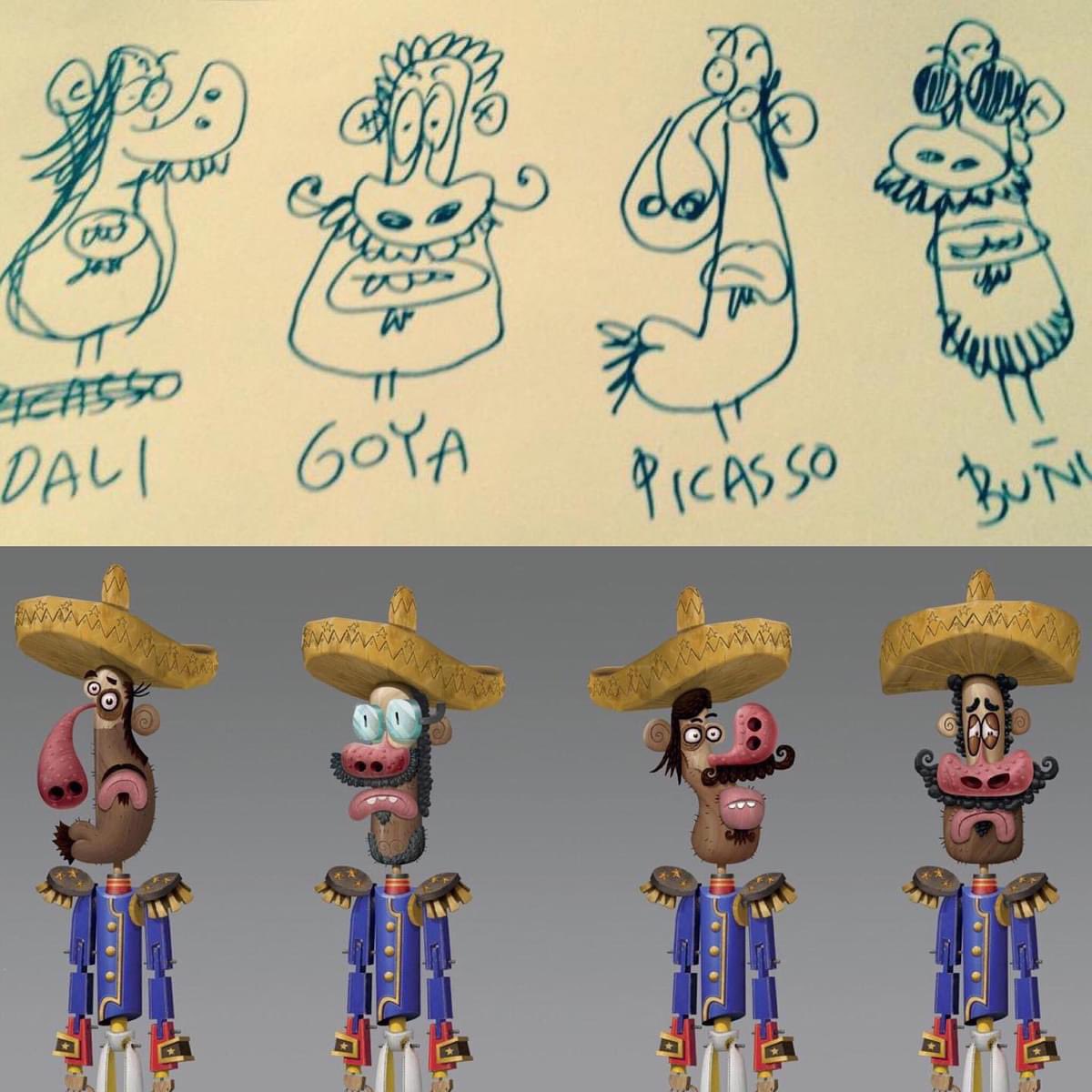 Cowardly soldiers from Book of Life. They were named after my favorite Spanish artists. From rough drunk doodle to final design. Exactly like the Teenage Mutant Ninja Turtles except they are Spanish...and not teenage, mutant, ninjas or turtles. And they were modeled to only be 