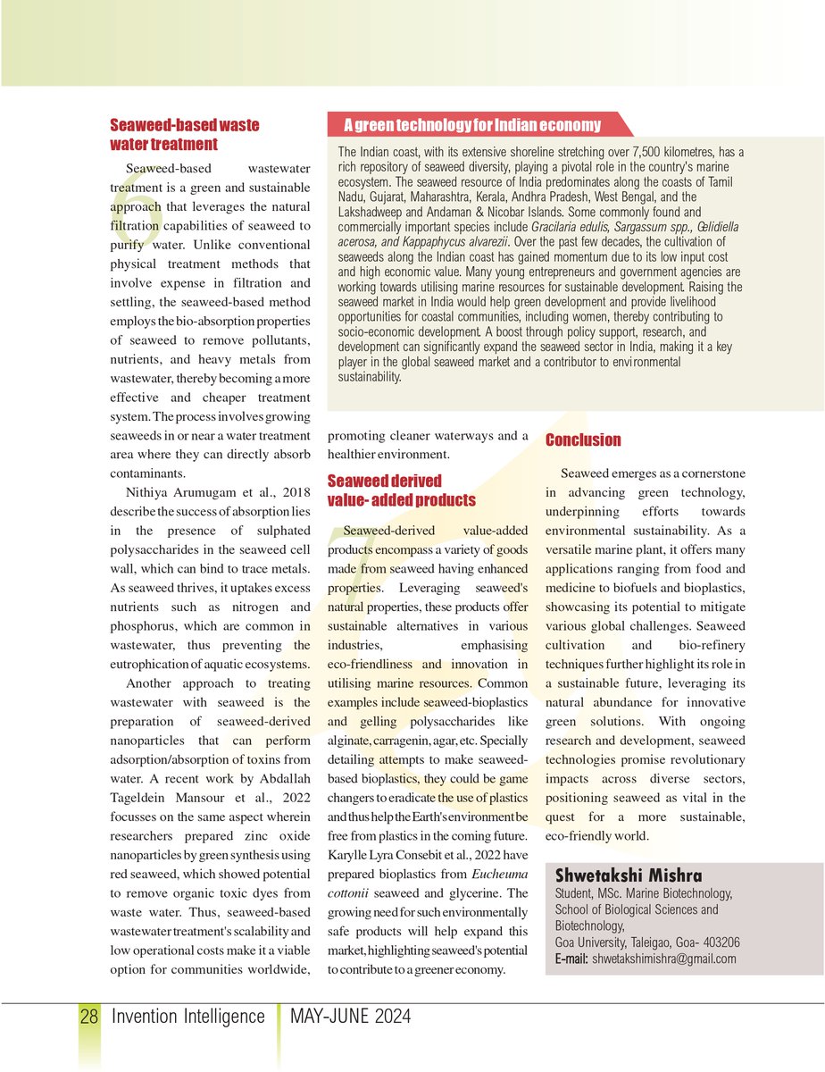 Seaweeds: A Source of Promising Green Technologies
By- Shwetakshi Mishra <a href="/ShwetakshiM/">Shwetakshi Mishra ❤️ Memecoin</a> 
In- Invention Intelligence MAY-JUNE 2024
<a href="/NRDCIndia1953/">National Research Development Corporation (NRDC)</a> <a href="/GoaUniversity/">Goa University</a> <a href="/Ravimishra1970/">Ravi Mishra</a>