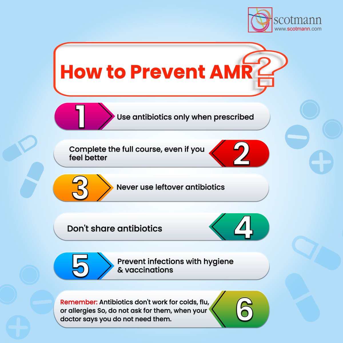 ScotmannPharma's tweet photo. Together, we can prevent AMR by using antibiotics responsibly and maintaining good hygiene. Let's protect our future.
#AMR #AntimicrobialResistance #AntibioticResistance #DDukaan #HealthAndWellness #MedTwitter #ScotmannPharmaceuticals https://t.co/9oC2q0O1zj