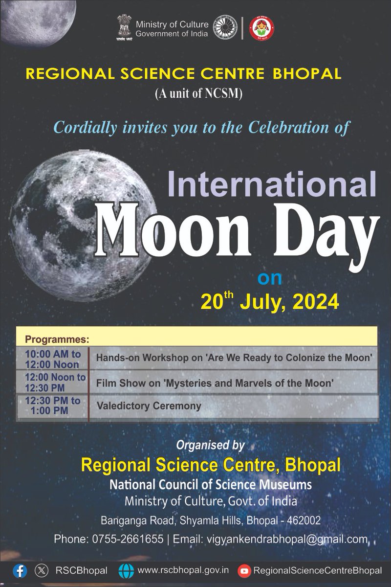 ncsmgoi's tweet photo. Participate in the #workshop and #filmshow, organised by @rscbhopal, a unit of @ncsmgoi, @MinOfCultureGoI, for celebrating ๐๐ง๐ญ๐๐ซ๐ง๐๐ญ๐ข๐จ๐ง๐๐ฅ ๐๐จ๐จ๐ง ๐๐๐ฒ.
๐ Regional Science Centre, Bhopal
๐
July 20, 2024 https://t.co/E1kAgHdG8s