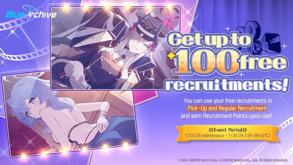 EN_BlueArchive's tweet photo. [100-Free Recruitment Event Preview]

Sensei, there will be a 💥100-Free Recruitment Event💥!
Please check the notice for more details.

➡️Details: https://t.co/tMbgRweBKc
➡️Event Period: 7/23 (Tue) After Maintenance – 7/30 (Tue) 1:59 AM (UTC)

#BlueArchive https://t.co/rQJH2M0gHA