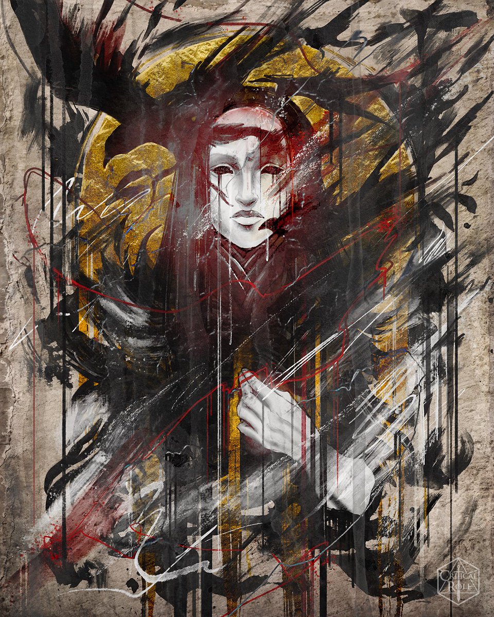 CriticalRole's tweet photo. @agarthanguide @kingcael DIVINE FACES REVEALED! 🌧️ 🏙️ 🌧️

Black feathered wings that bring change to all things, THE MATRON OF RAVENS, goddess of death, is played by @laurabaileyvo! ✨ #CriticalRoleSpoilers

[Art by @agarthanguide and @kingcael] https://t.co/n0fIeKOws2