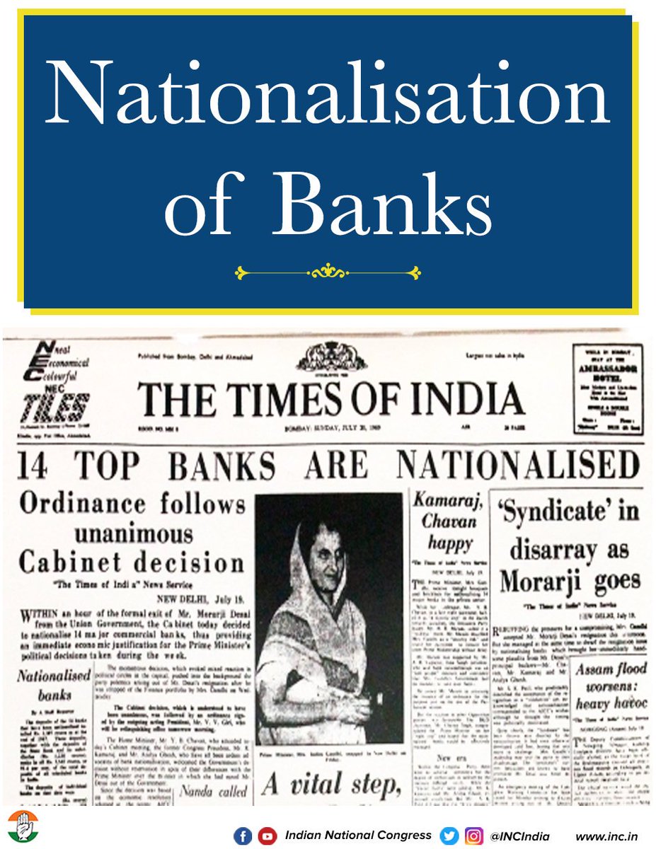 boioapune's tweet photo. Let's celebrate the 55th anniversary of #BankNationalisationDay. 
On this day in 1969, 14 banks were nationalised, a move that greatly expanded the reach of banking services to rural areas and thereby enabling rural prosperity.
Lets Fight to protect our PSB.
#19July
#PSBs4Nation https://t.co/9uypIEzyky