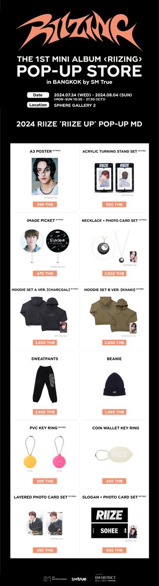 SMTrueThailand's tweet photo. 🧡 𝟭𝘀𝘁 𝗠𝗗 𝗟𝗜𝗡𝗘 𝗨𝗣 🧡
⠀⠀
THE 1ST MINI ALBUM <RIIZING> POP-UP STORE in BANGKOK by SM True
⠀
📅 วันและเวลาทำการของ POP-UP STORE :
⠀⠀
⠀⠀วันที่ 24 กรกฎาคม 2024 (พุธ) ~ วันที่ 4 สิงหาคม 2024 (อาทิตย์)
⠀⠀
⠀⠀เวลา 10:30 ~ 21:30 น. ของทุกวันทำการ
⠀
📍 สถานที่ตั้งของ POP-UP STORE :
⠀⠀
⠀⠀SPHERE GALLERY 2, ชั้น 2, EMSPHERE
⠀⠀
_______________________
⠀
💥 วิธีการชำระค่าสินค้า :
⠀
⠀⠀เงินสด
⠀⠀QR Code
⠀⠀บัตรเครดิต (สำหรับยอดชำระค่าสินค้าขั้นต่ำตั้งแต่ 3,000 บาทขึ้นไป)
⠀⠀
_______________________
⠀
🎸 หมายเหตุ :
⠀⠀
⠀⠀1. สินค้า 1st MD LINE UP ทุกรายการเป็นสินค้าออฟฟิเชียลที่นำเข้าจากประเทศเกาหลีใต้ (IMPORTED OFFICIAL MD) สำหรับ THE 1ST MINI ALBUM <RIIZING> POP-UP STORE in BANGKOK by SM True
⠀⠀
⠀⠀2. สินค้าทุกรายการมีจำนวนจำกัด
⠀⠀
⠀⠀3. ทาง SM True ขอสงวนสิทธิ์ในการไม่รับเปลี่ยน และ/หรือคืนสินค้า และ/หรือคืนเงินในทุกกรณี หลังจากที่ลูกค้าออกจาก POP-UP STORE ดังนั้น เมื่อทำการชำระเงินและได้รับสินค้าเรียบร้อยแล้ว กรุณาตรวจสอบสินค้าทุกชิ้น รวมถึงเงินทอนให้เรียบร้อยก่อนออกจาก POP-UP STORE
⠀⠀
⠀⠀4. ทาง SM True ขอสงวนสิทธิ์ในการงดออกใบเสร็จ และ/หรือใบกำกับภาษีเต็มรูปแบบ สำหรับสินค้าที่จำหน่ายที่ POP-UP STORE ในทุกกรณี
⠀⠀
_______________________
⠀
🔜 รอติดตาม 2nd MD LINE UP และ 3rd MD LINE UP ได้เร็ว ๆ นี้ 🤩
⠀
#RIIZE #라이즈 @RIIZE_official
#RISEandREALIZE
#BoomBoomBass #RIIZE_BoomBoomBass
#RIIZE_RIIZING_POPUPinBKK
#RIIZING #SMTrue