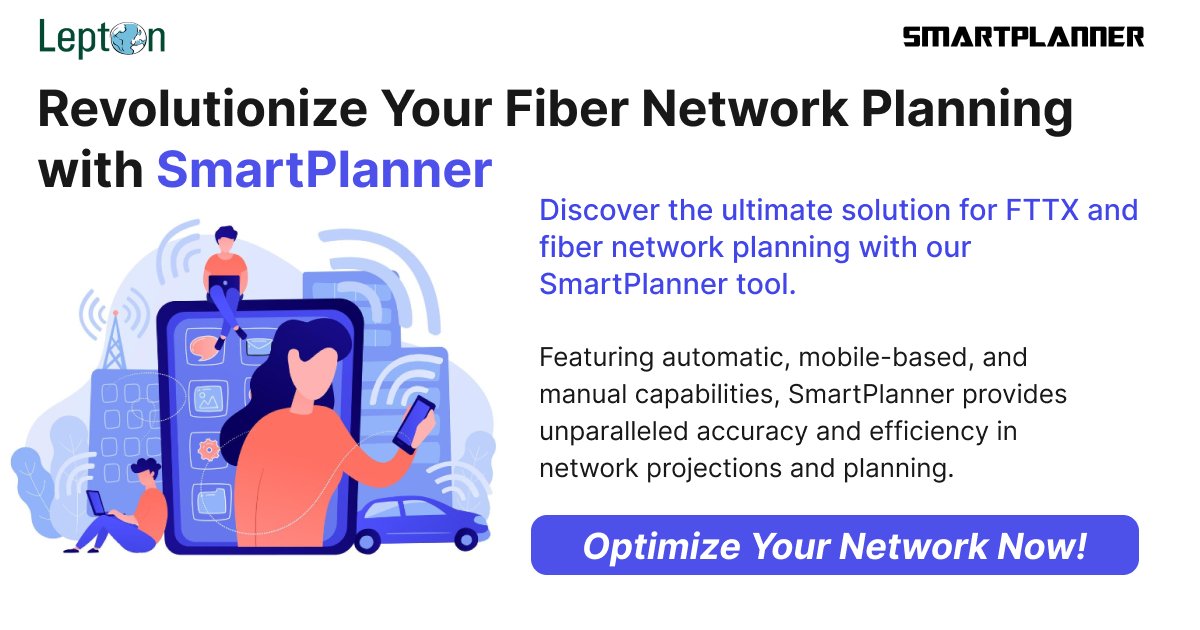leptonsoftware's tweet image. 🚀 Transform Your Fiber Network Planning with SmartPlanner! 🚀

📈 Enhance Your Network Planning Today! bit.ly/3W9t1ve

#SmartPlanner #FiberNetwork #FTTX #NetworkPlanning #TelecomSolutions #LeptonSoftware #TechInnovation #DigitalTransformation #NetworkOptimization