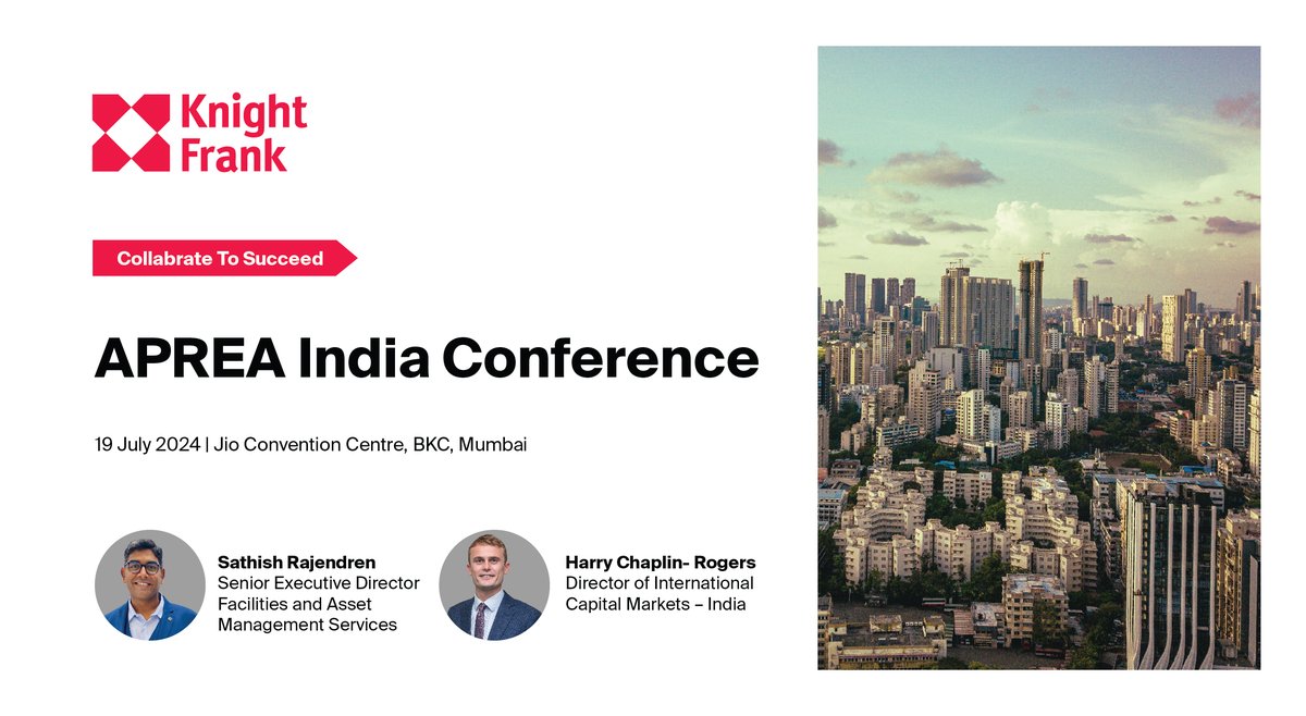 KnightFrank_IN's tweet image. Join us at the APREA India Annual Conference 2024 in Mumbai! We're delighted to announce that @sathishsharon and Harry Chaplin-Rogers will be representing Knight Frank India.

Don't miss this opportunity to network and connect with industry leaders.
#APREA #Conference #RealEstate