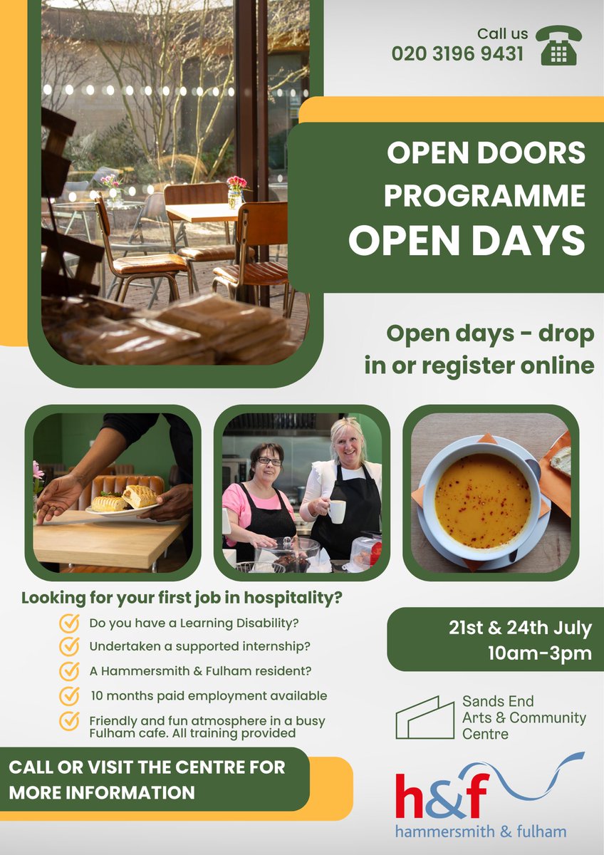 SeaccFulham's tweet photo. Open Doors Programme #opendays at Sands End Arts & Community Centre for those looking for their first job in #hospitality. #opendoorsprogrmme @LBHF 21st & 24th July. #seaccfulham #communitycentre #artscentre #community #fulham https://t.co/KQ2VqYhA6Y