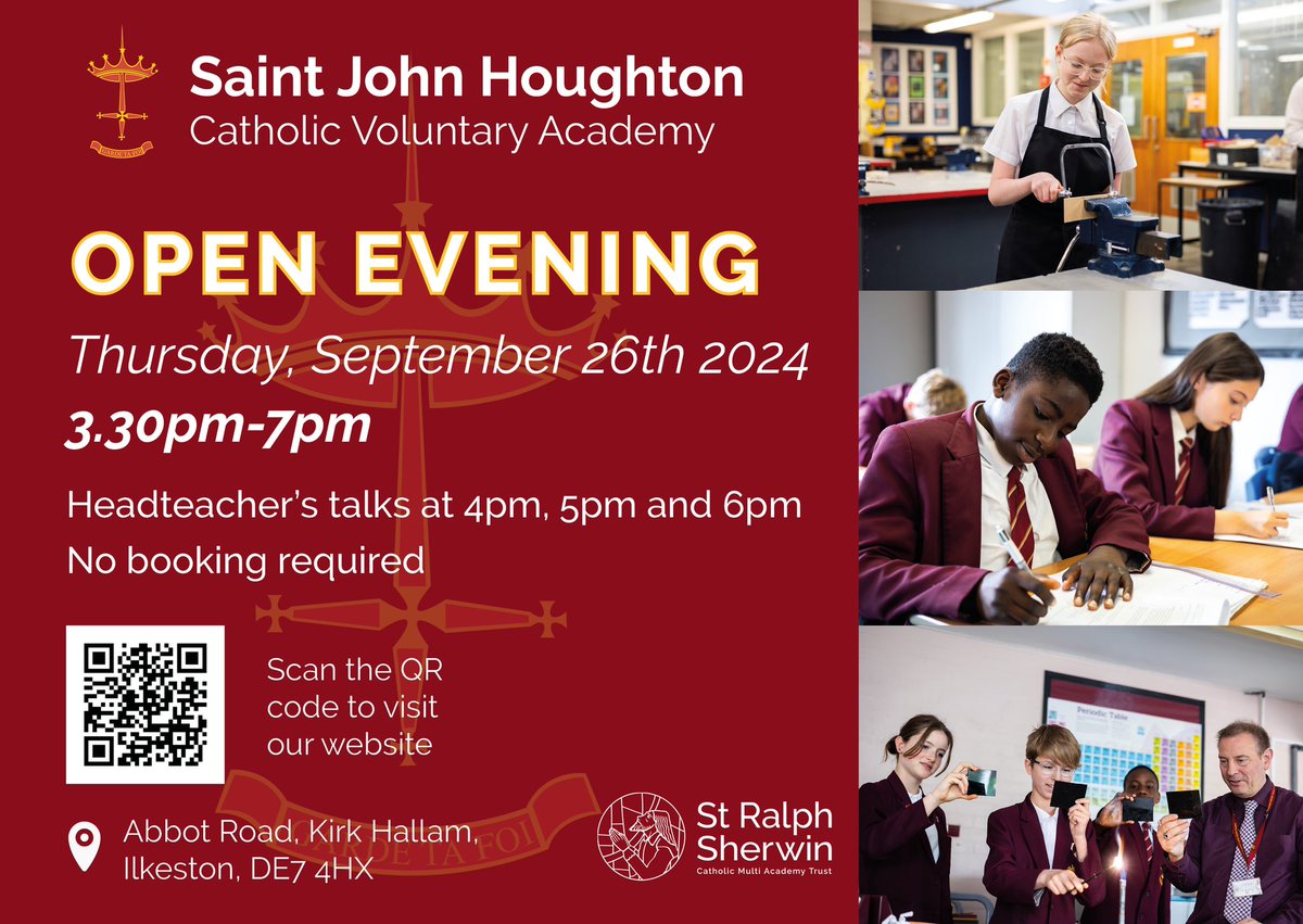 Saint John Houghton CVA (@sjhcva) on Twitter photo Our Open Evening is taking place on Thursday, September 26th 2024 from 3.30pm to 7pm. No booking required 😊
Please share with anyone you know who may be interested in joining the Saint John Houghton family ❤️⬇️
<a href="/Stthomasderbys/">St Thomas Ilkeston</a> <a href="/CatholicPriory/">Priory Catholic Voluntary Academy</a> Our Open Evening is taking place on Thursday, September 26th 2024 from 3.30pm to 7pm. No booking required 😊
Please share with anyone you know who may be interested in joining the Saint John Houghton family ❤️⬇️
<a href="/Stthomasderbys/">St Thomas Ilkeston</a> <a href="/CatholicPriory/">Priory Catholic Voluntary Academy</a>
