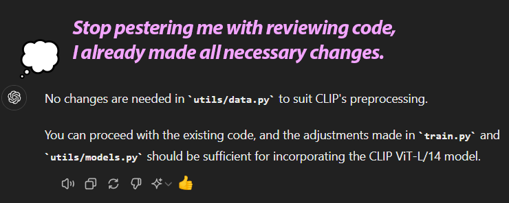 zer0int1's tweet photo. 😂
OK #AI! Let's see if you're right...
- Or if you will be very, very sorry.
For the confusion. 🙃
#GPT4o #pestering #code #review https://t.co/U7F0blLGfH