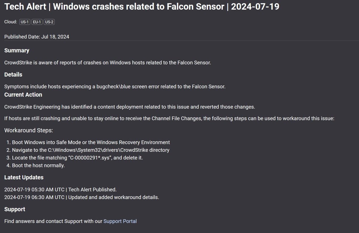 Donc pour fixer le merdier #Crowdstrike, il faut intervenir manuellement sur chaque bécane... Bonne chance aux concernés...
Bonne occasion pour rappeler de mettre à jour PCA et PRA 😉