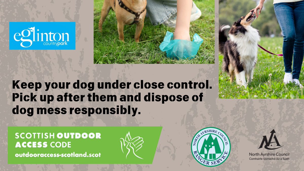 North_Ayrshire's tweet photo. This summer, we are asking visitors to please be responsible dog owners and follow the #ScottishOutdoorAccessCode
Our friendly reminder of tips from the @EglintonPark team include:
🐕 Keep your dog close at heel or on a short lead;
🙂 Be mindful of children, families and other visitors around you;
💩 Pick up and remove dog faeces and bag and bin responsibly;
🐕 Ensure that your dog wears a collar with the name and address of the dog owner inscribed or attached to ensure that your dog is easily identified.
Get more information on the Scottish Outdoor Access Code website: https://t.co/HQGoCwqYDg
#KnowTheCode #keepnorthayrshirebeautiful