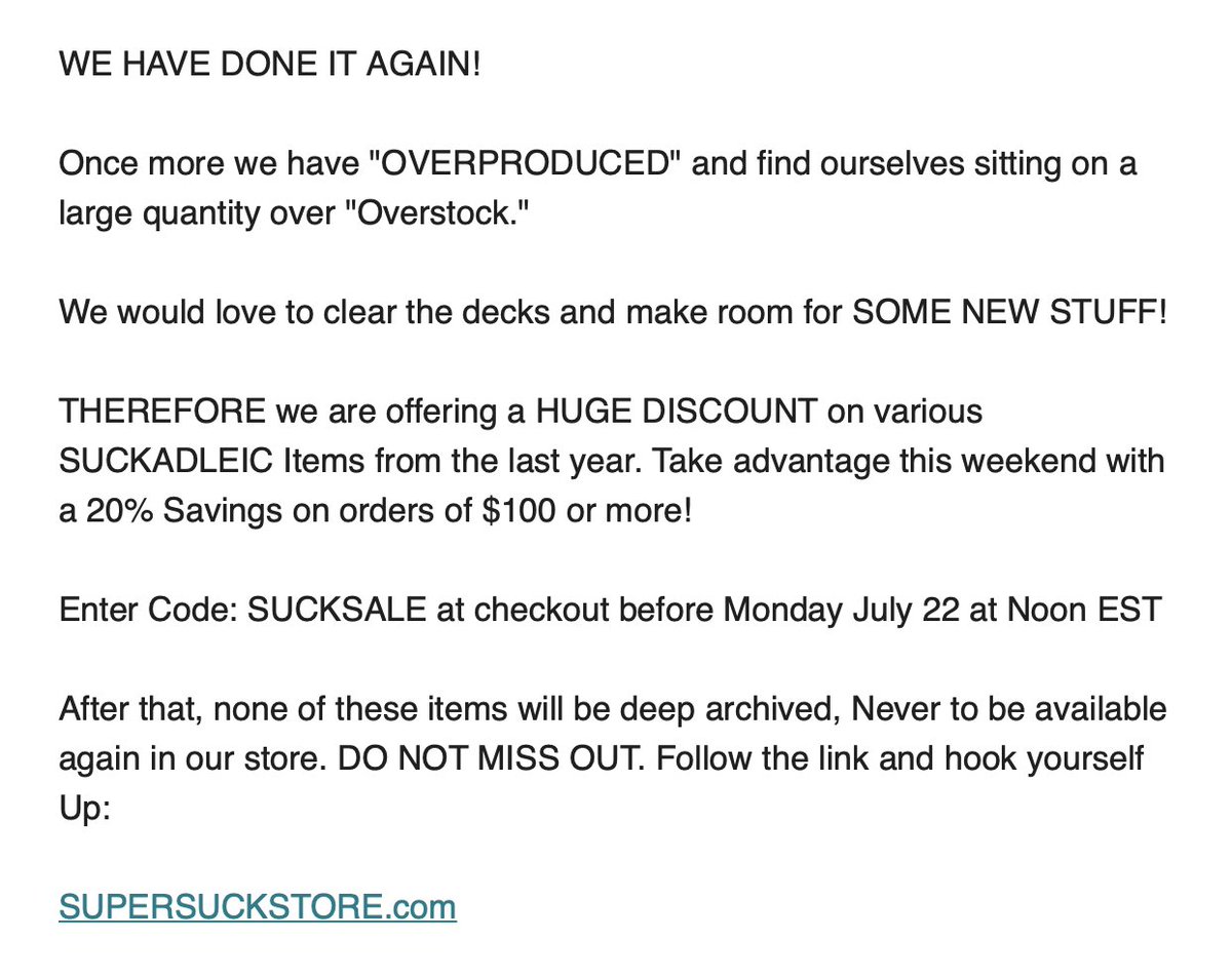 The magic word has been uttered: "SALE".

20% Suckadelic savings offered on orders of US$100 or more on suckadelic.myshopify.com.

Enter Code: SUCKSALE at checkout before Monday July 22 at Noon EST

#HappyToyHunting