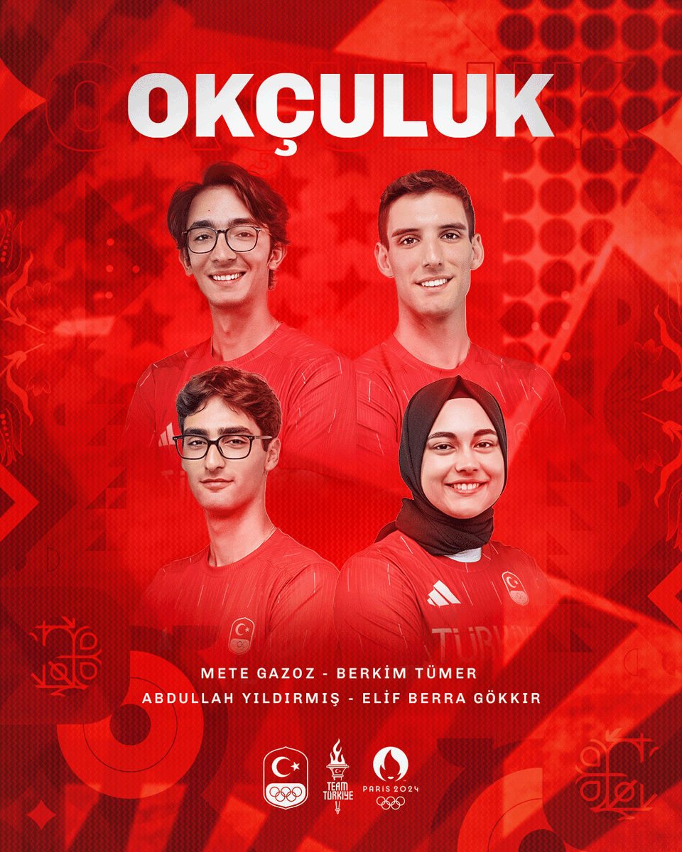 TeamTurkiye's tweet photo. #Paris2024 Olimpiyat Oyunları'nda Team Türkiye'yi 𝗢𝗸𝗰̧𝘂𝗹𝘂𝗸 branşında temsil edecek sporcularımıza başarılar diliyoruz. 🇹🇷🏹

⭐️ 𝗘𝗹𝗶𝗳 𝗕𝗲𝗿𝗿𝗮 𝗚𝗼̈𝗸𝗸ı𝗿
Kadınlar Klasik Yay Bireysel & Karışık Takım
⭐️ 𝗠𝗲𝘁𝗲 𝗚𝗮𝘇𝗼𝘇
Erkekler Klasik Yay Bireysel & Takım
⭐️ 𝗠𝘂𝗵𝗮𝗺𝗺𝗲𝗱 𝗔𝗯𝗱𝘂𝗹𝗹𝗮𝗵 𝗬ı𝗹𝗱ı𝗿𝗺ı𝘀̧
Erkekler Klasik Yay Bireysel & Takım
⭐️ 𝗨𝗹𝗮𝘀̧ 𝗕𝗲𝗿𝗸𝗶𝗺 𝗧𝘂̈𝗺𝗲𝗿
Erkekler Klasik Yay Bireysel & Takım

#AynıRuhlaYeniden #RoadToParis2024 #TeamTürkiye #Archery