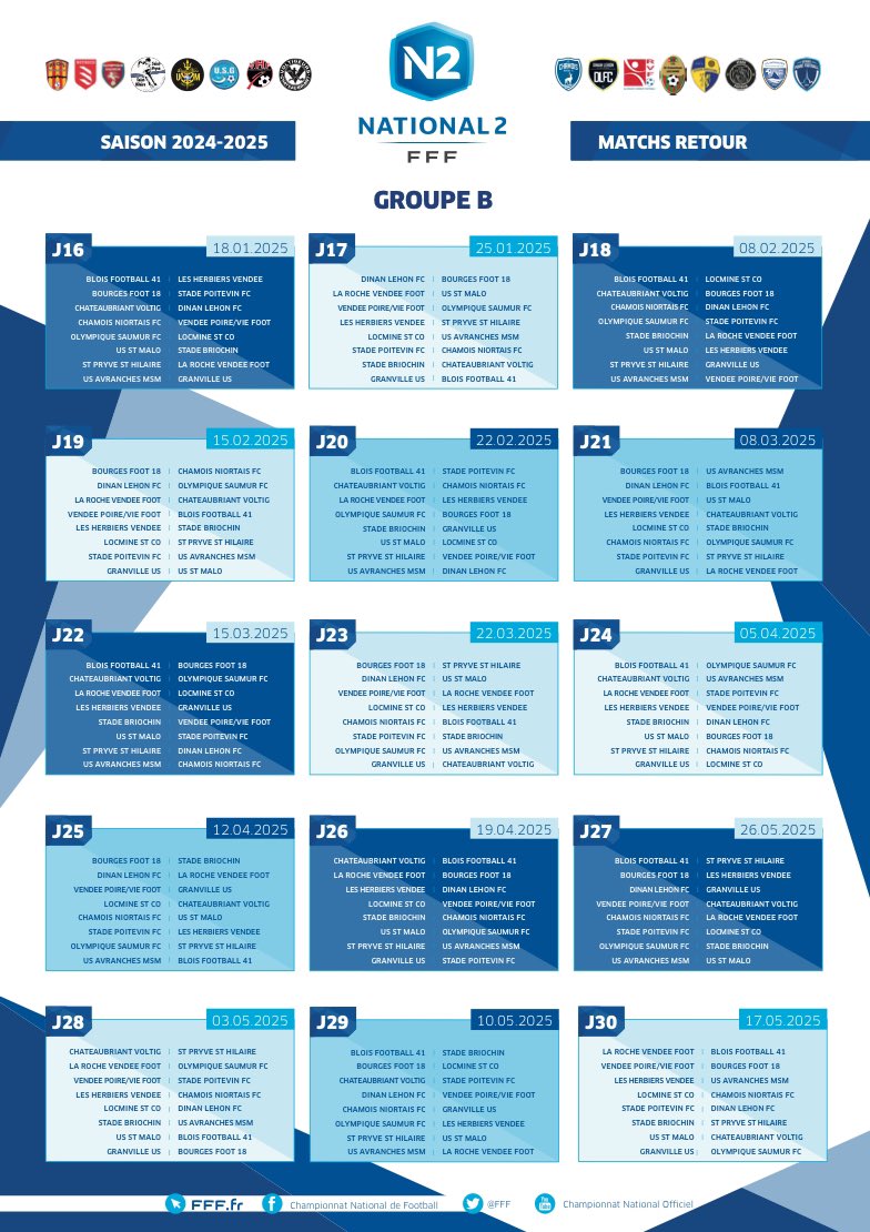 🚨 𝗢𝗙𝗙𝗜𝗖𝗜𝗘𝗟 !  LE VRAI CALENDRIER DU GROUPE B DE N2 ! 📆

📸 <a href="/FFF/">FFF</a>