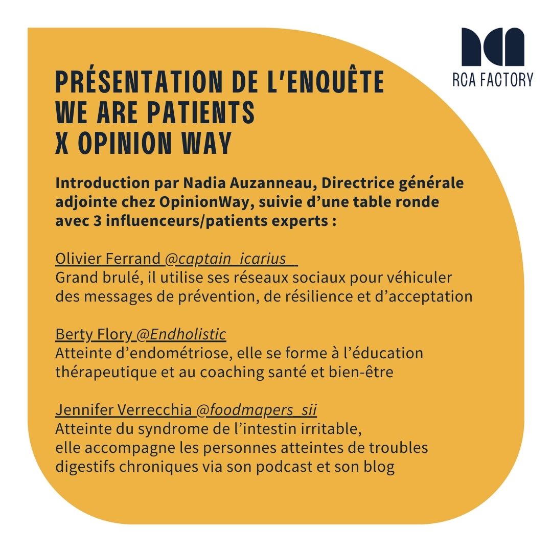 RCAFactory's tweet image. Rendez-vous incontournable des influenceurs santé #InfluenceForHealth aura lieu le 8 Octobre. Nouveauté cette année, nous ouvrirons la soirée avec le résultat de l'enquête @WeArePatients x @opinionway sur les attentes des patients en vers l’industrie pharmaceutique