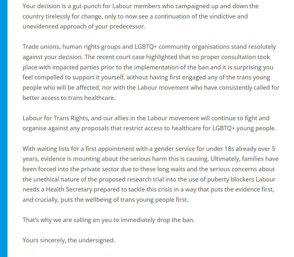 TottenhamTammy's tweet photo. The full @Lab4TransRights open letter to @wesstreeting calling on him to reverse his unevidenced and vindictive decision to criminalise gender affirming medicine for young people. 

Will you sign? https://t.co/S49Ze8Oq2q https://t.co/CryFPhvjp7