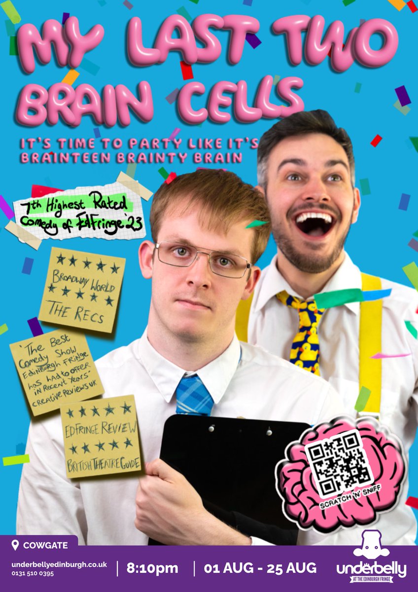 mY lAst twO BrAin CeLLs 🧠 - Ed Fringe 2024 (@myl2bc) on Twitter photo Just under 2 weeks until we start our <a href="/edfringe/">Edinburgh Festival Fringe</a> run!!! 😱
Be sure to join us for a fast paced, absurdist hour of madness as the last two brain cells fight for their survival (and fight for this love❤️)
<a href="/FollowTheCow/">Underbelly Edinburgh</a>
20:10
Cowgate
#quickflyer
#quickflyerfriday Just under 2 weeks until we start our <a href="/edfringe/">Edinburgh Festival Fringe</a> run!!! 😱
Be sure to join us for a fast paced, absurdist hour of madness as the last two brain cells fight for their survival (and fight for this love❤️)
<a href="/FollowTheCow/">Underbelly Edinburgh</a>
20:10
Cowgate
#quickflyer
#quickflyerfriday