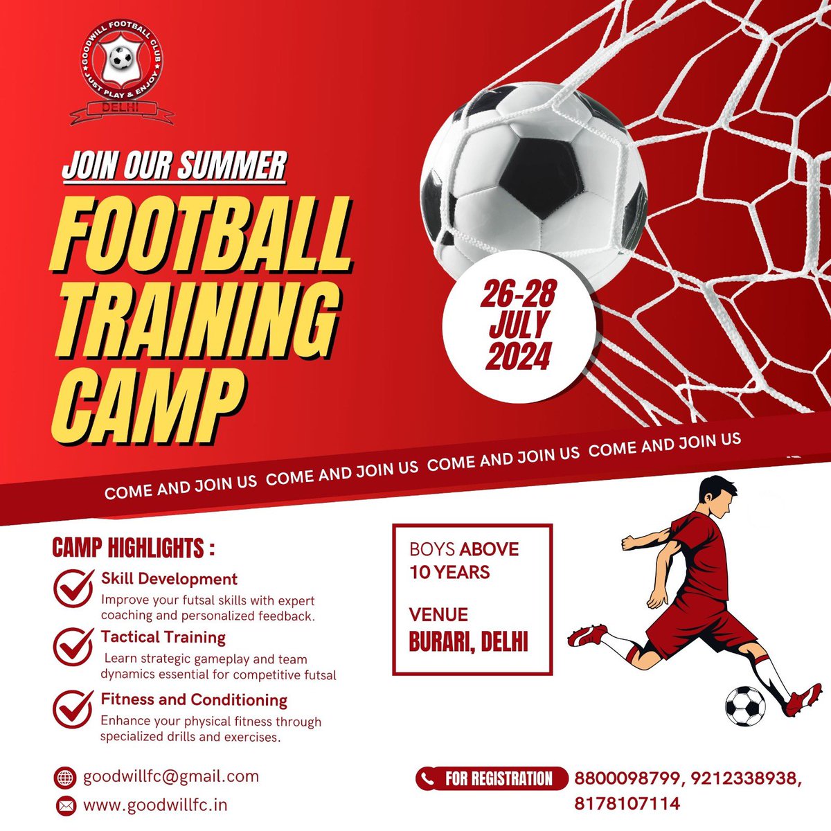 goodwill_fc's tweet photo. Hey Football Lovers,

We are organising a summer football training camp for free, for boys of 10 years above age, Locations is Burari, near metro station is GTB nagar Metro. For Registration call us now on given contact numbers. 

#footballcamp #indianfootball #delhifootball https://t.co/UMvxKzv8Ol