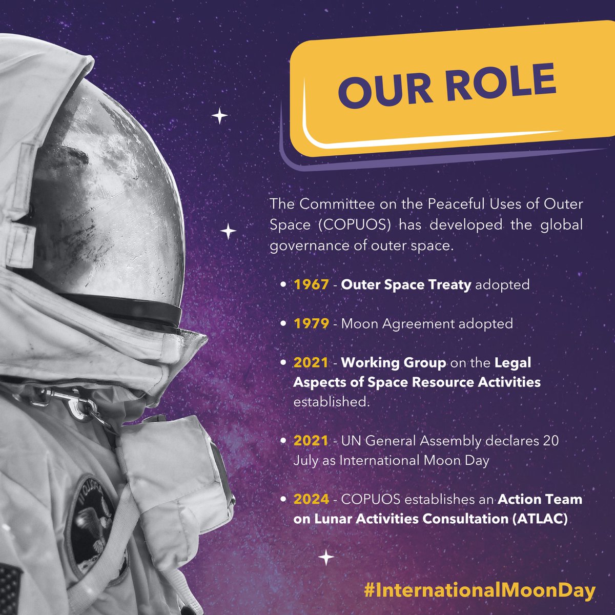 Happy #InternationalMoonDay! 🌕

Today we celebrate our closest celestial neighbor and its significance for Earth and humanity. 🌍✨

This day commemorates the first human landing on July 20, 1969, promoting sustainable lunar exploration &amp; cooperation. 🚀

Swipe to learn more! ⤵️