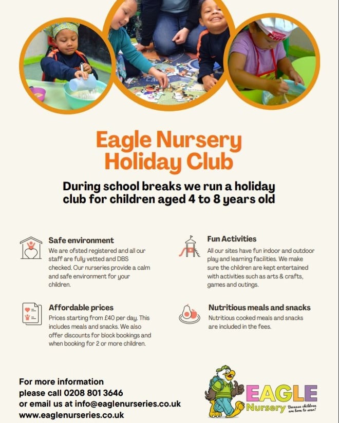 THE SUMMER HOLIDAYS ARE APPROACHING!🌞
EAGLE NURSERY IS OFFERING A SUMMER CLUB.
Are you looking for a fun summer club to send your child/children to throughout the summer holiday? Check us out!
 Two locations across North London
Open 7:30-6:00
Flexible hours/Pay as you go service