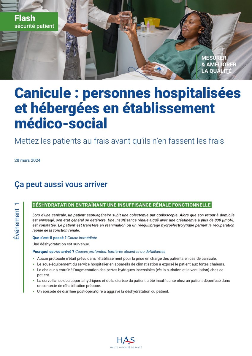 HAS_sante's tweet photo. EIGS | Flash sécurité patient ✅ consultez la fiche "Canicule : personne hospitalisées et hébergées en établissement médico-social...Mettez les patients au frais avant qu’ils n’en fassent les frais”
👉 https://t.co/9O3oZpvEus #FORAP https://t.co/i1lZKGz1Ai