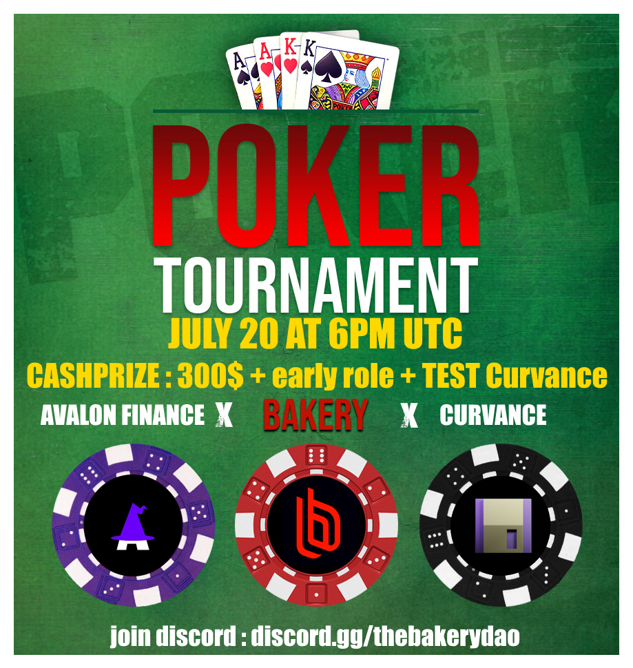🚨 230 frens already signed up (max 300) so like &amp; RT for a chance at the last spots! The Bakery is watching you 👀

🎉 Join us for the 4th edition of The Bakery Poker Show with <a href="/Curvance/">Curvance</a> &amp; <a href="/avalonfinance_/">Avalon Labs</a>
 
More info👇
discord.gg/thebakerydao