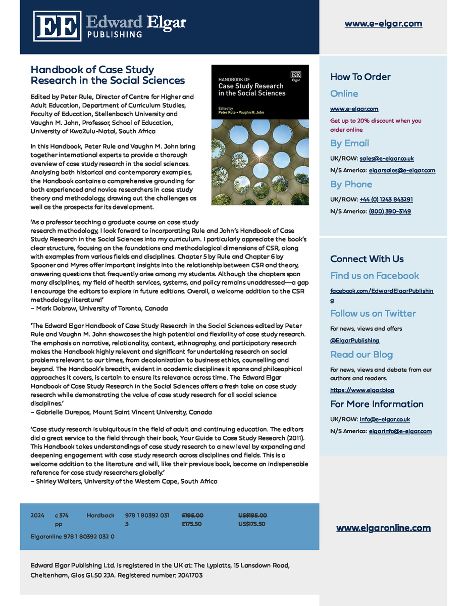 kobuswes's tweet photo. Case study research is an important for obtaining a deepened understanding of a phenomenon. I am thrilled to share with you that I and Nathi Zongozzi, PhD contributed a chapter to the Handbook of Case Study Research in the Social Sciences,  published by @ElgarPublishing. @unisa https://t.co/mo5jdcc4QB