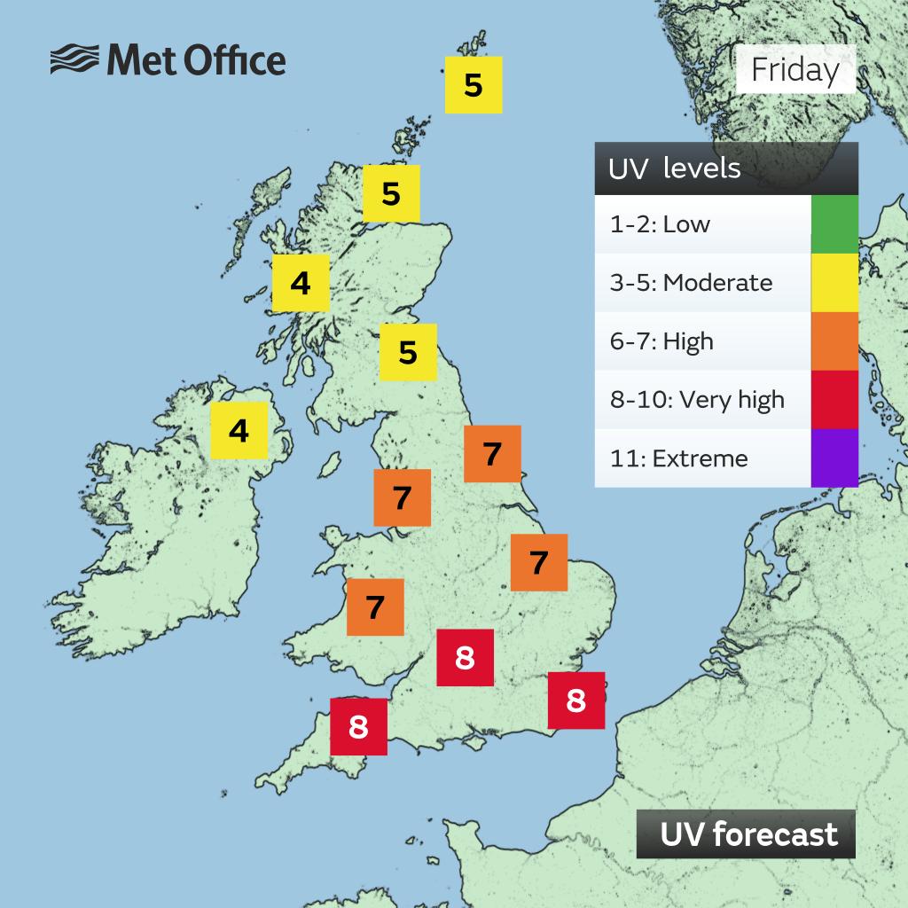 metoffice's tweet photo. Are you off outside to enjoy the warm weather today?

Remember to protect yourself from the strong sunshine, especially between 11 am and 3 pm as UV levels will be very high in the south 🌤️ https://t.co/kGccK2UI0n