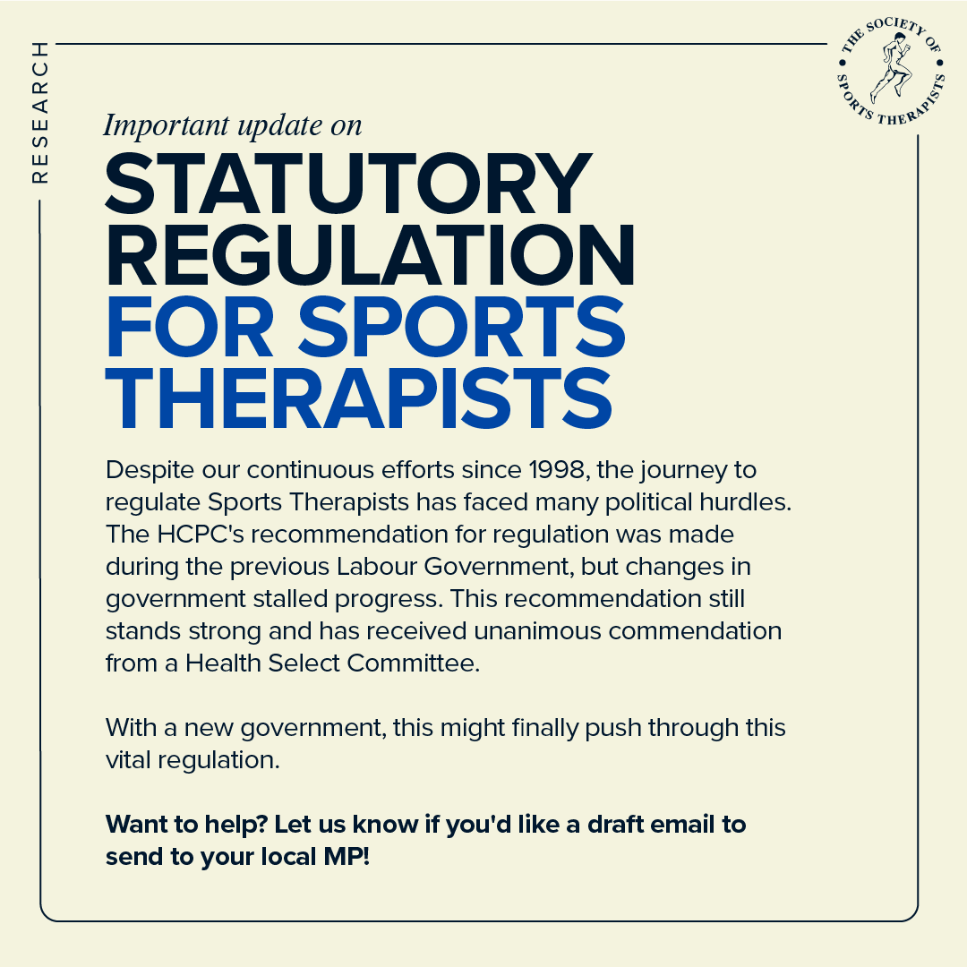 TheSSTofficial's tweet photo. 🚨 Important Update on Statutory Regulation for Sports Therapists! 🚨

With a new government, this might finally push through this vital regulation. 

Want to help? Let us know if you'd like a draft email to send to your local MP! ✉️🗣️

#StatutoryRegulation https://t.co/VT0DirJO5X