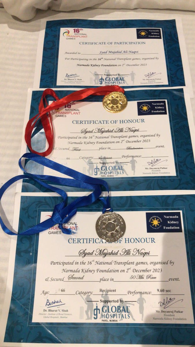 TheKidneyWarri1's tweet photo. #proudmoment #transplantrecipient #narmadatransplantgames #KWF
Kidney Warrior Foundation member Mujahid Naqvi Syed Ali won One gold in badminton senior citizen group. And 50 meter race selver medal at Narmada Transplant Games. https://t.co/34Xy47AaLf