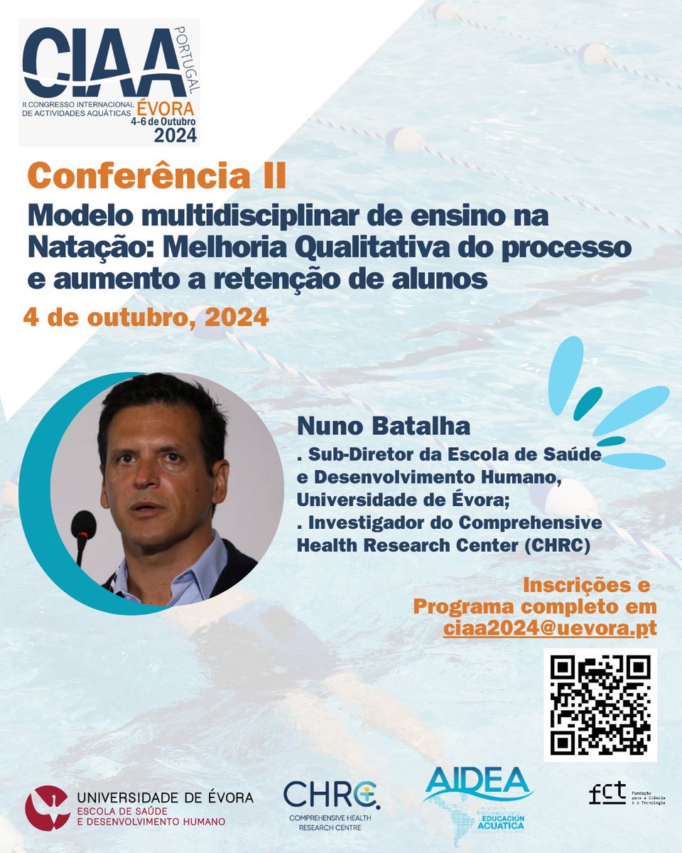 CHRC_Centre's tweet photo. The CHRC researcher and the president of CIAA2024’s Organizing Committee,  Nuno Batalha will be responsible for holding practical Workshops and Conferences at the International Congress of Aquatic Activities 2024 (CIAA2024).
Program and registrations👇 https://t.co/O9xcJjXxXs https://t.co/BxwOO7Ylgm