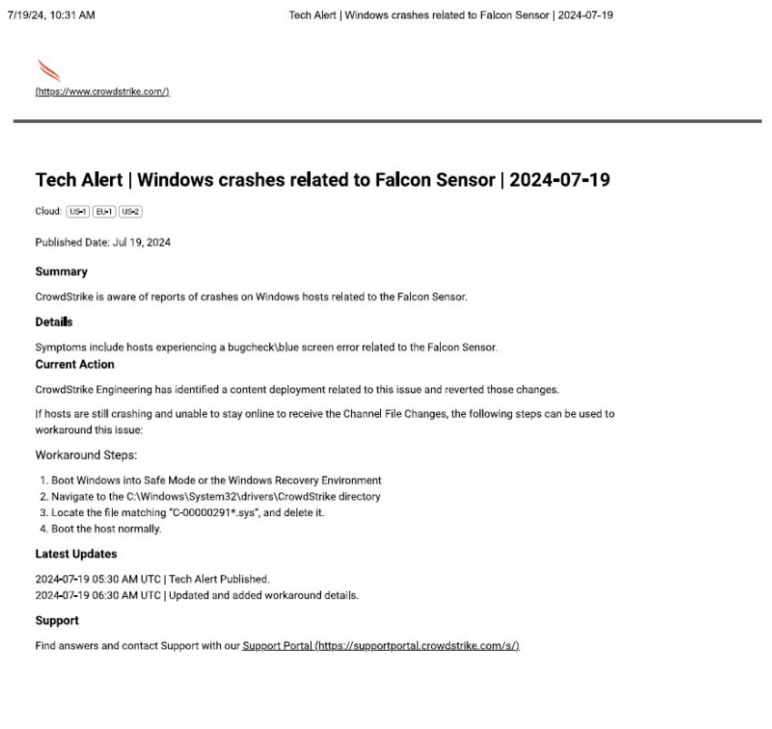 Here is a copy of #Crowdstrikes Tech fix release in full... (Official) Workaround #Microsoft #Crowdstrike #TechAlert #FalconSensor #BSOD #FIX
