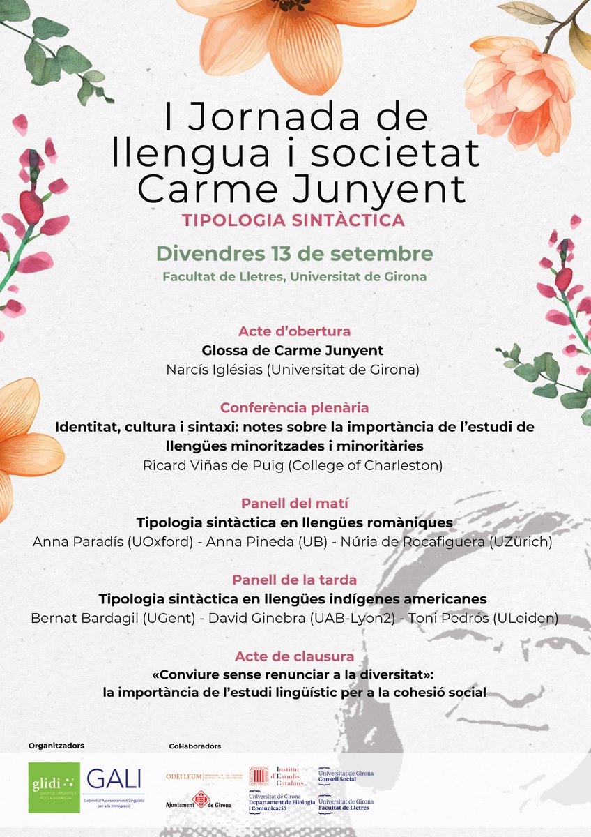 💚Estem molt contents d'anunciar la primera Jornada Carme Junyent de llengua i societat <a href="/UdGLletres/">Facultat de Lletres UdG</a>, una jornada-homenatge a la Carme.

🚩La Jornada es farà cada any, amb un tema diferent. Aquest any la temàtica és tipologia sintàctica amb perspectiva social. 

Guardeu el dia!