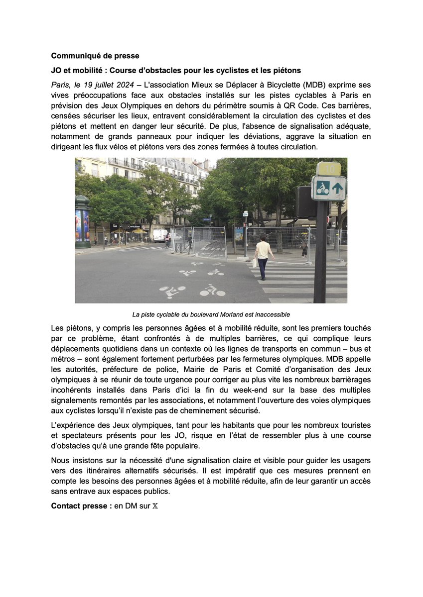 MDBIDF's tweet photo. La première épreuve des Jeux a commencé et tou·tes les Parisien·nes sont qualifié·es pour la course d'obstacles pour piéton·nes et cyclistes.
Notre communiqué ⤵️ https://t.co/FWAu2hYe9u