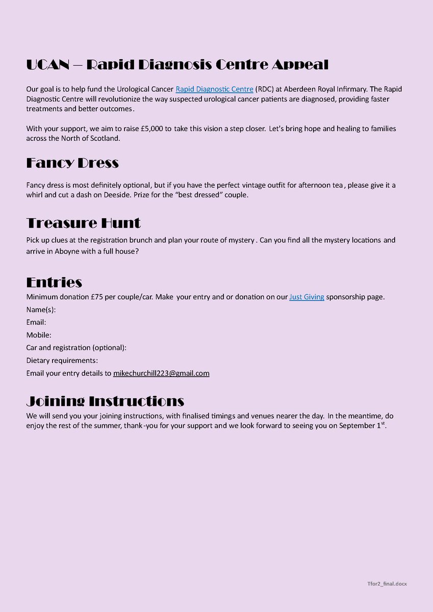 We are delighted to be the charity for this great event, Tea for Two on Deeside, Sunday 1/9.  For more info or to sign up please contact Mike Churchill. All funds will go towards UCAN's current £2.5 million appeal to fund a Rapid Diagnostic Centre at ARI ucanaberdeen.com/rdcappeal/