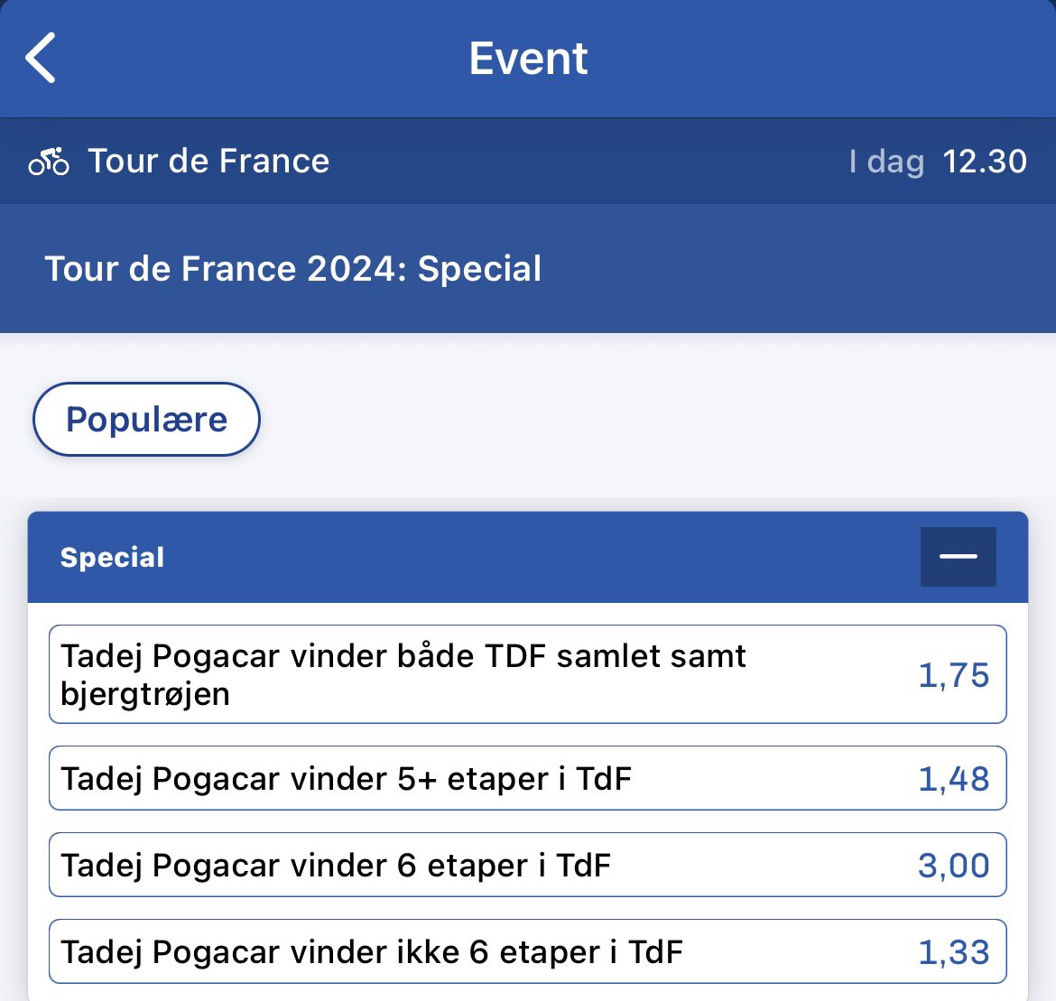 Danske Spil med odds 1,33 på Pogi IKKE rydder bordet og når seks etapesejre i årets Tour. Der er mange mulige scenarier i spil. Uheld, taktik, off days und so weiter. Konservativt sat 50/50 om han vinder hver af de resterende etaper = 87.5 %. Minister spil 👑