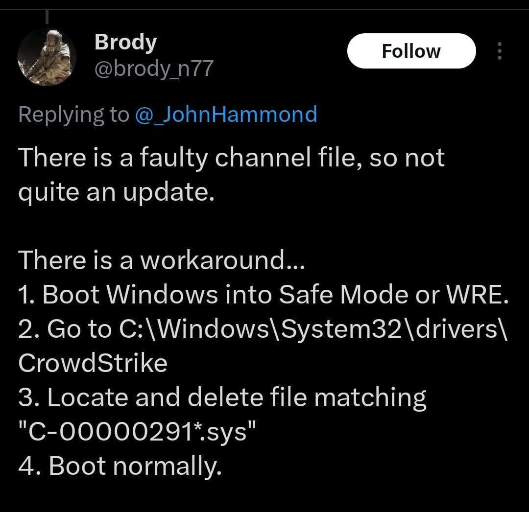 KillingSpirits's tweet photo. Those users facing BSOD(csagent.sys) error. They can use Crowdstrike solution. #microsoft #Crowdstrike #Crowdstrikeoutage https://t.co/RaGO2VjtXE