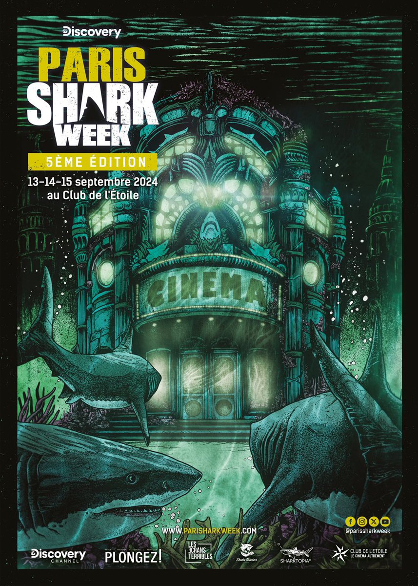 DOMINICYB0's tweet photo. Prêts à plonger dans l’aventure ? Contemplez l’affiche de PSW 2024 par @sinpiggyhead 🦈 Il ne fera pas bon être un phoque à la rentrée ! @clubdeletoile #shark #SharkWeek #posterdesign #poster #art #parissharkweek #parissharkweek2024 #cinema #paris https://t.co/01s2DTcMek