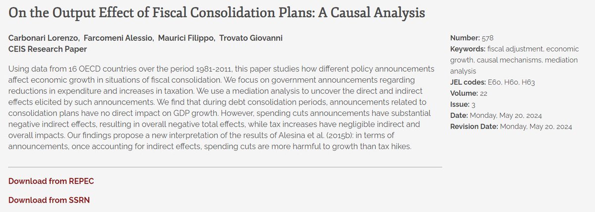 CEIStorvergata's tweet photo. On the Output Effect of #FiscalConsolidationPlans: A Causal Analysis
https://t.co/qiZtw2hKO7
@lcarbonari1 @a_farcome Maurici @giannitrovato67 
#EconTwitter #Adjustment #EconomicGrowth #CausalMechanisms #MediationAnalysis
@SSRN @repec_org @unitorvergata @SapienzaRoma https://t.co/GmAGRAnRQG