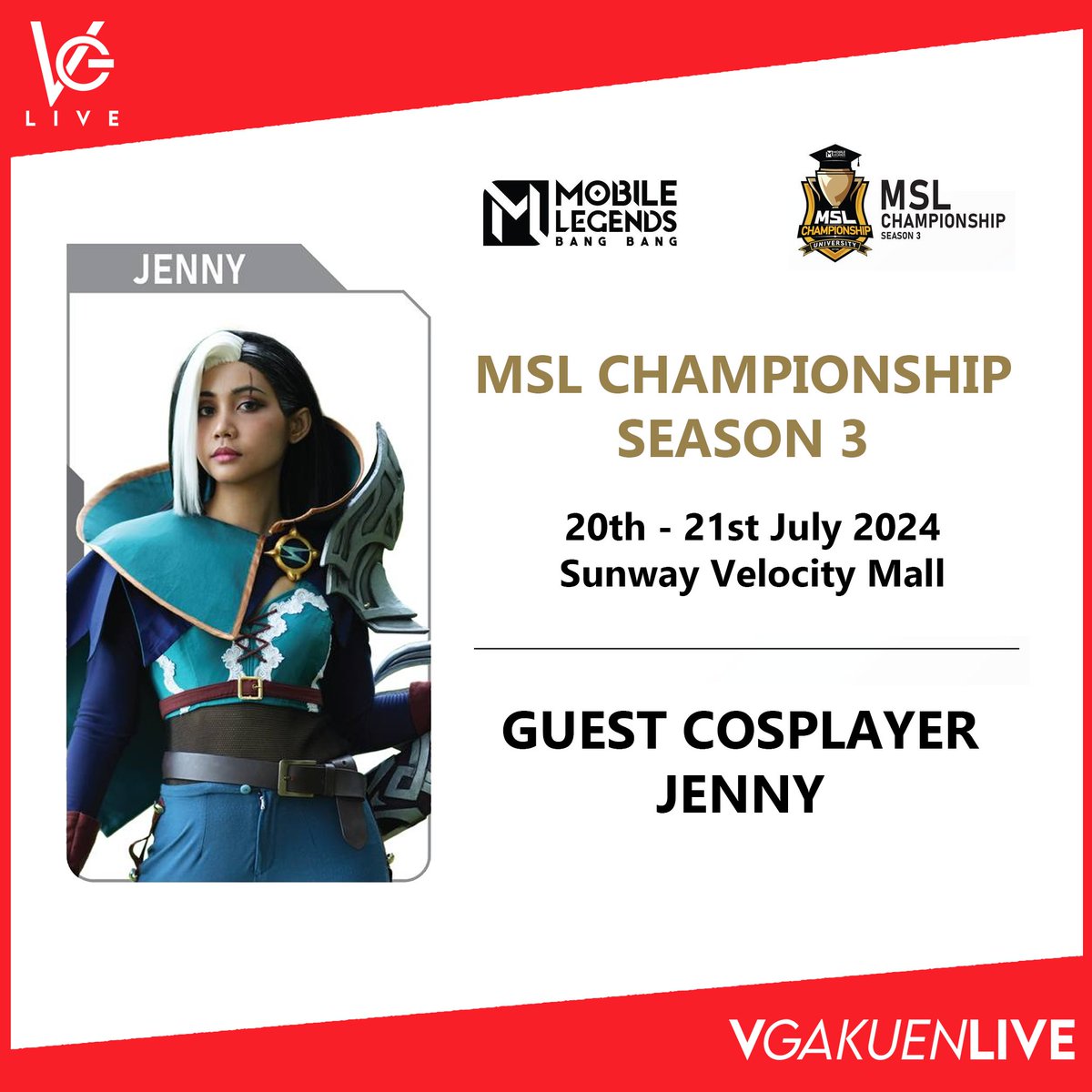 VGakuenLIVE's tweet photo. Catch Jenny as one of the Guest Cosplayer at MSL Championship Season 3 happening at Sunway Velocity Mall this Saturday & Sunday!
#VGakuenLIVE #MoontonStudentLeader #GradeUpLevelUp #MSLChampionship https://t.co/Jv3ZGkrEVF