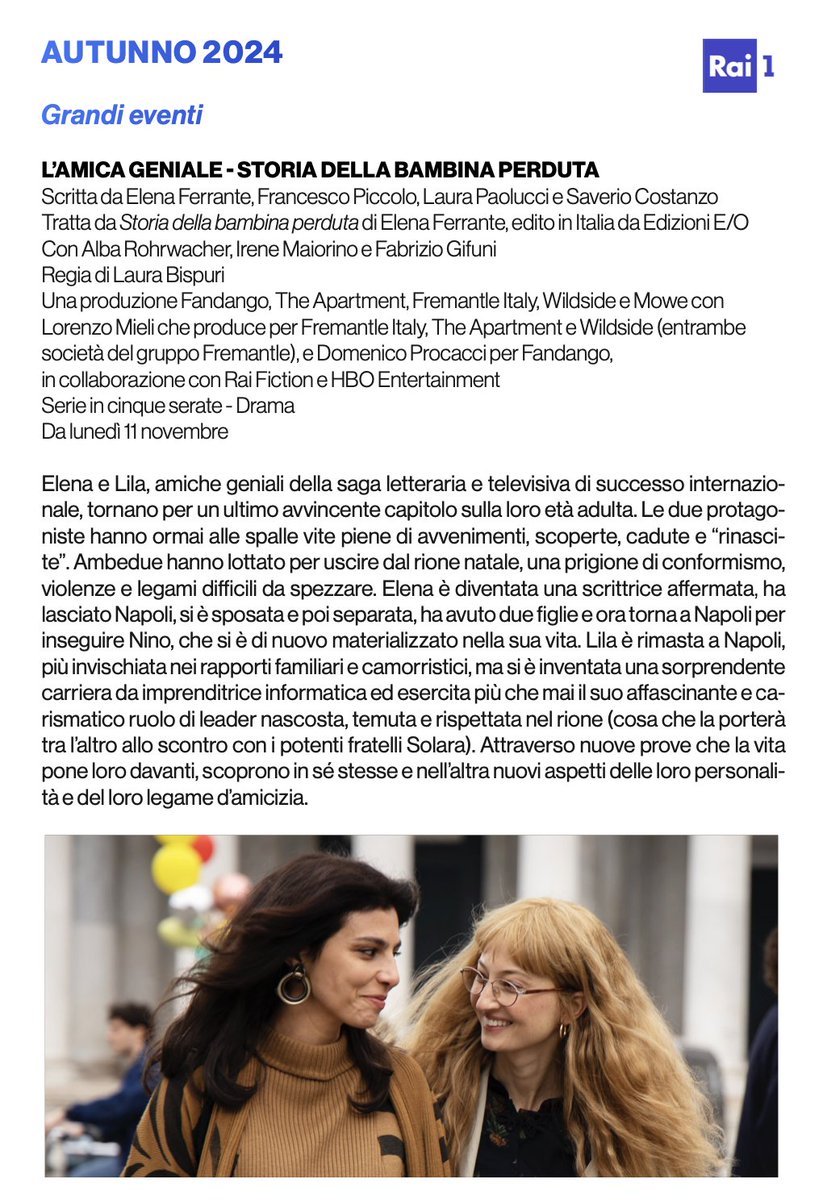 Cinguetterai's tweet photo. Abbiamo una data ufficiale: l'ultima stagione de #LAmicaGeniale andrà in onda su Rai 1 da lunedì 11 novembre.

La scheda de #LAmicaGeniale4 #StoriaDellaBambinaPerduta.
Nel cast Alba Rohrwacher, Irene Maiorino e Fabrizio Gifuni.

#PalinsestiRai https://t.co/ujha4MgsUs