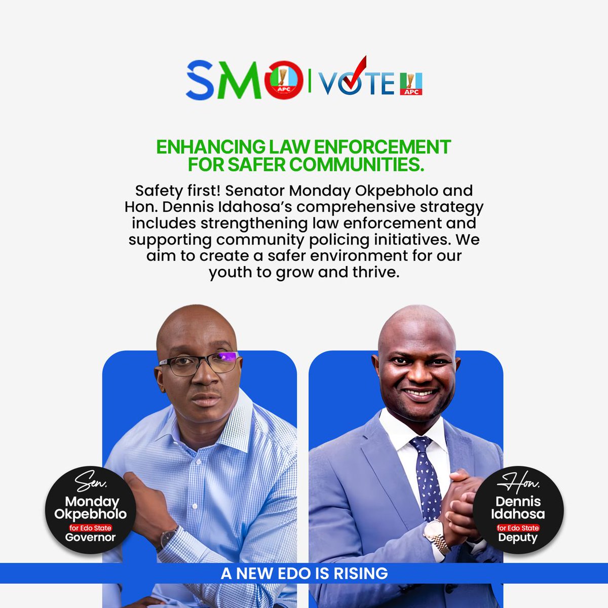 MikeAngel71834's tweet photo. Enhancing Law Enforcement for Safer Communities.
Safety first! Senator Monday Okpebholo and Hon. Dennis Idahosa’s policing initiatives aims to create a safer environment for our youth to grow & thrive.
#SMO
#ANewEdoIsRising
#Edo2024
#APCNewMedia
#MondayForGovernor
#EdoYouth https://t.co/CYDSGP8J71