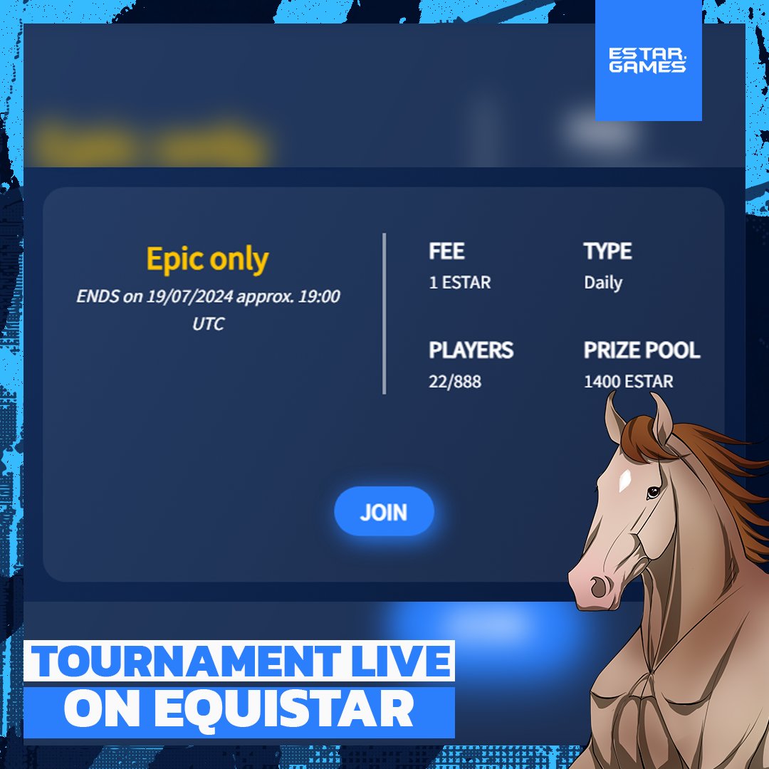 EstarToken's tweet photo. 🏇 Epic Only EquiStar Tournament! 🌟
@PulsarTransfer send 0.02 EGLD to 100 Retweets
Get ready for an epic race! Join the exclusive #EquiStar tournament and race your best horses for a chance to win big.
➡️https://t.co/diEGIAUvFe
Tournament Details:
- Ends: 19/07/2024 approx. 19:00 UTC
- Fee: 1 ESTAR
- Type: Daily
- Prize Pool: 1400 $ESTAR
Don't miss out on this epic race! 🏆
#MultiversX #MultiversXNFTs #NFTGaming #NFTGame #NFTCommunity #NFTs #NFT
