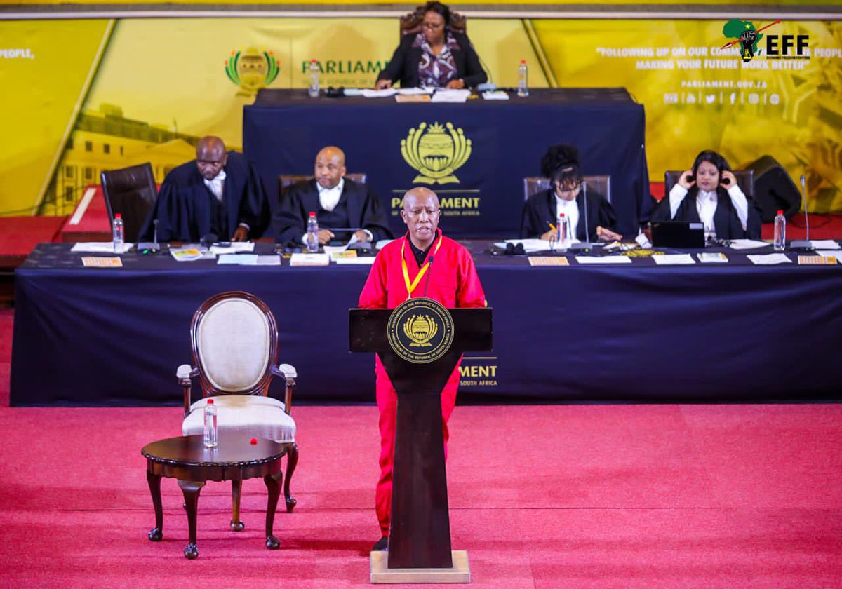 EFFSouthAfrica's tweet photo. ♦️In Pictures ♦️
CIC @Julius_S_Malema as he mops the floor of the Opening Of Parliament Address by Mr Phala Phala last night.
- We are not in the business of talk shows; our agenda is to realize the true economic emancipation of our people, and no matter what it takes, we will never associate with the collaborationist and the sellout agenda of the establishment.
#EFFinParliament