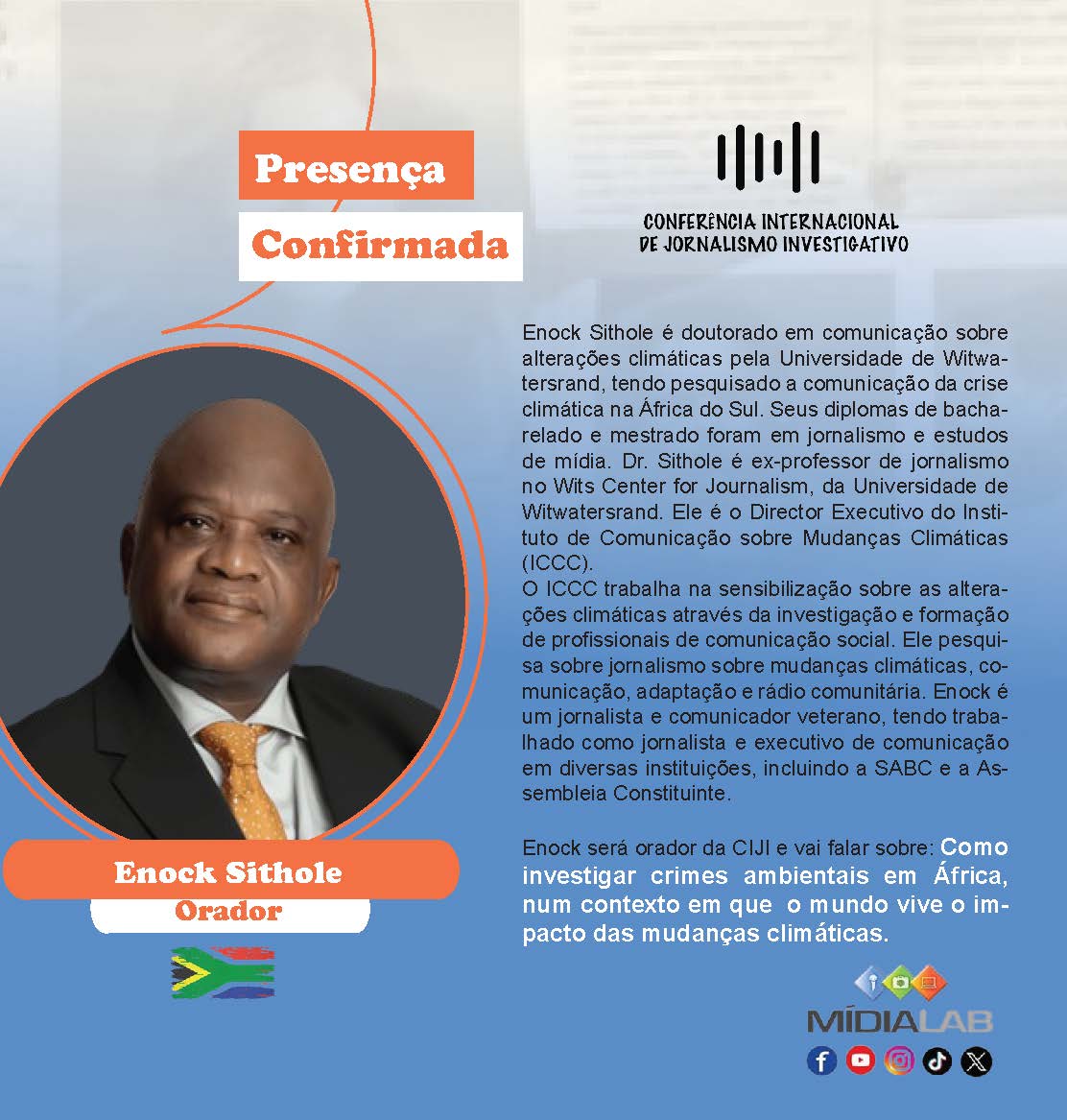 Enock Sithole é Director Executivo do Instituto de Comunicação sobre Mudanças Climáticas. Enock fará parte de um painel que irá falar sobre: 𝘾𝙤𝙢𝙤 𝙞𝙣𝙫𝙚𝙨𝙩𝙞𝙜𝙖𝙧 𝙘𝙧𝙞𝙢𝙚𝙨 𝙖𝙢𝙗𝙞𝙚𝙣𝙩𝙖𝙞𝙨 𝙚𝙢 Á𝙛𝙧𝙞𝙘𝙖

Para mais info. sobre a CIJI: ciji.midialab.org