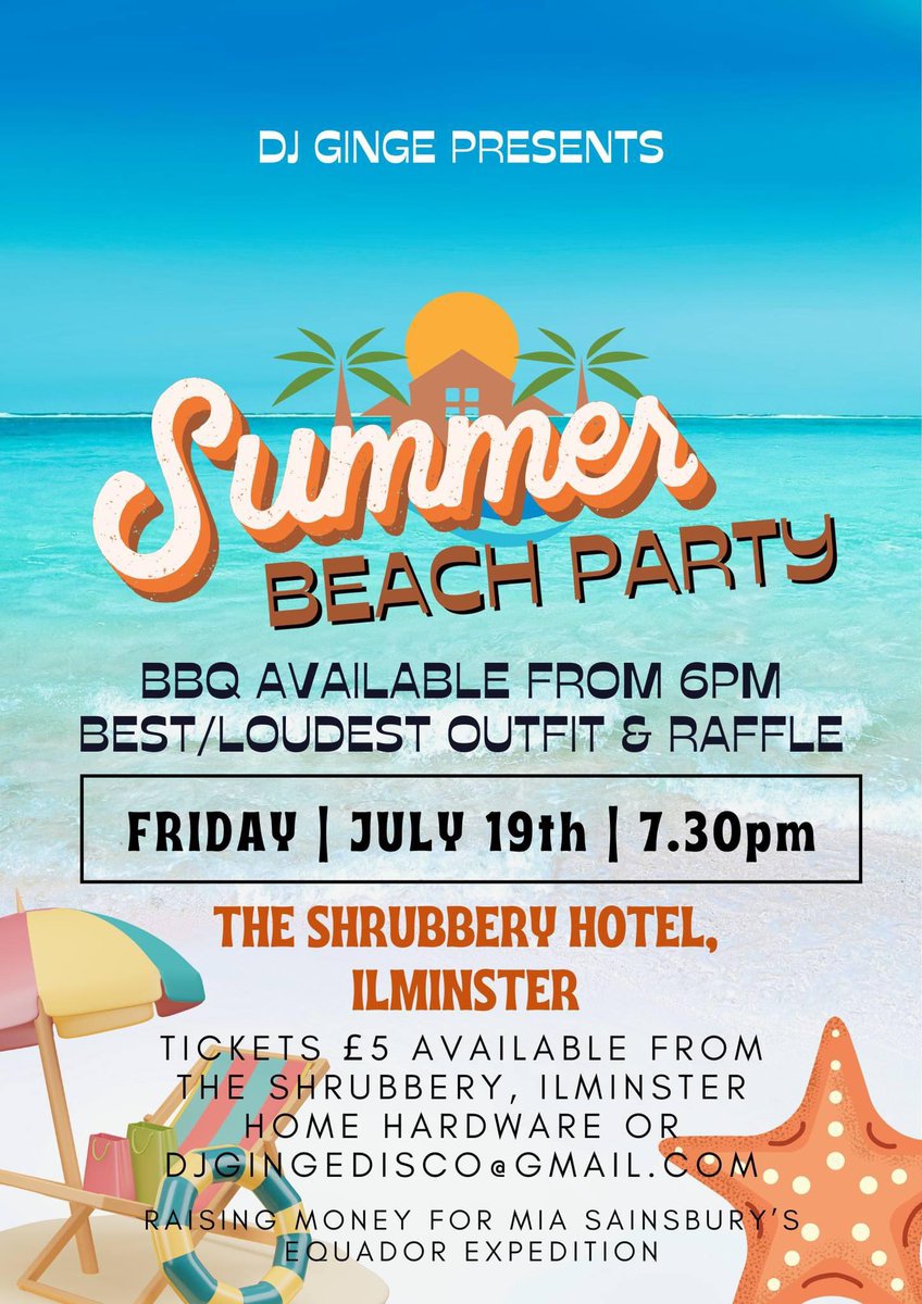 DJ Ginge (@djgingedisco) on Twitter photo Hottest day of the year so far and a beach party in town! It does not get much better!
Tickets available on the door, or email djgingedisco@gmail.com
Outside bar, BBQ, Games, Raffle, best/brightest outfit prizes!
Let’s enjoy today…..the last day of summer!
Outside bar from 4:30 Hottest day of the year so far and a beach party in town! It does not get much better!
Tickets available on the door, or email djgingedisco@gmail.com
Outside bar, BBQ, Games, Raffle, best/brightest outfit prizes!
Let’s enjoy today…..the last day of summer!
Outside bar from 4:30