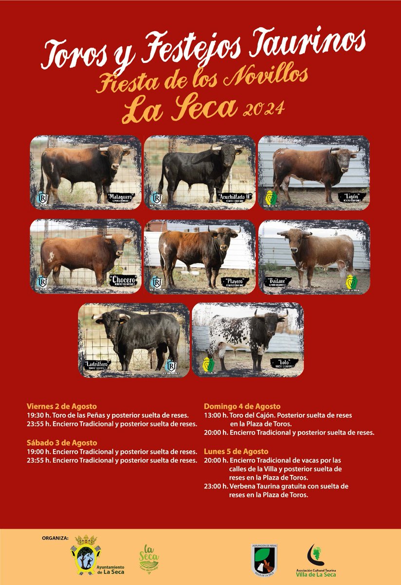 RutaVinoVerdejo's tweet photo. FIESTA DE LOS NOVILLOS DE LA SECA 2024
Estos son los toros de las Fiestas de los #Novillos2024 de La Seca y los horarios de los encierros.
Gracias a la AC Taurina Villa de La Seca por el asesoramiento en la gestión de los festejos y a Finca EquinoTauro por la gestión del ganado https://t.co/lhlKVvv6z0