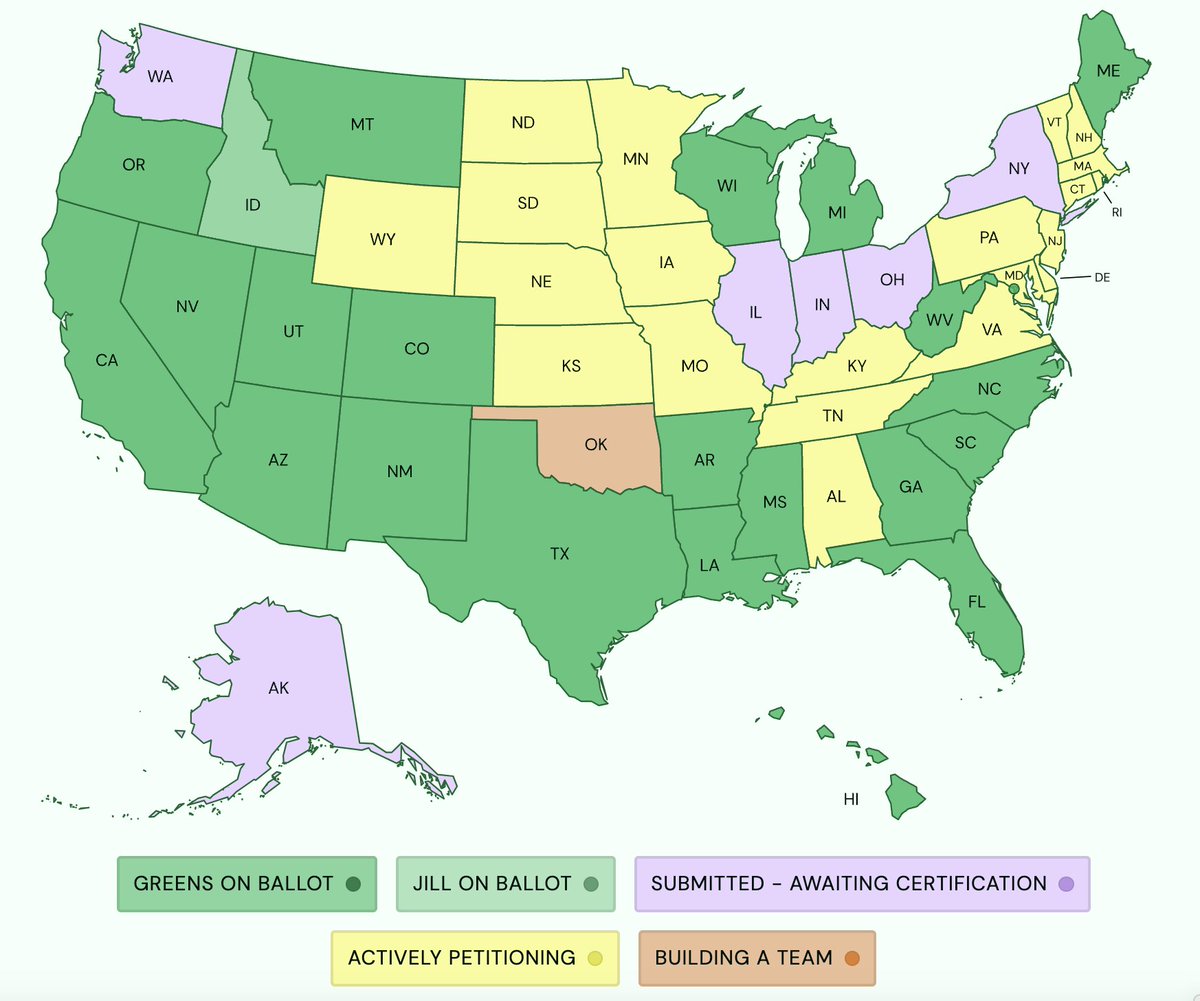 SCCGreens's tweet photo. The allot access map of @DrJillStein is turning more GREEN thanks to Jill's amazing team! 
If you live in a states still petitioning YOUR help is needed NOW by our ANTI-genocide PRO-worker, Climate-action candidate! 🌻
#VoteGreen 
#JillStein2024 https://t.co/OQOshXeBre https://t.co/eNsZjOHnGJ